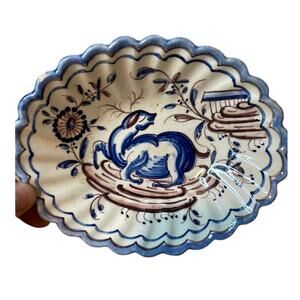 Vintage Hand painted Oval Scalloped Ceramic Trinket Dish Portugal Cream blue red